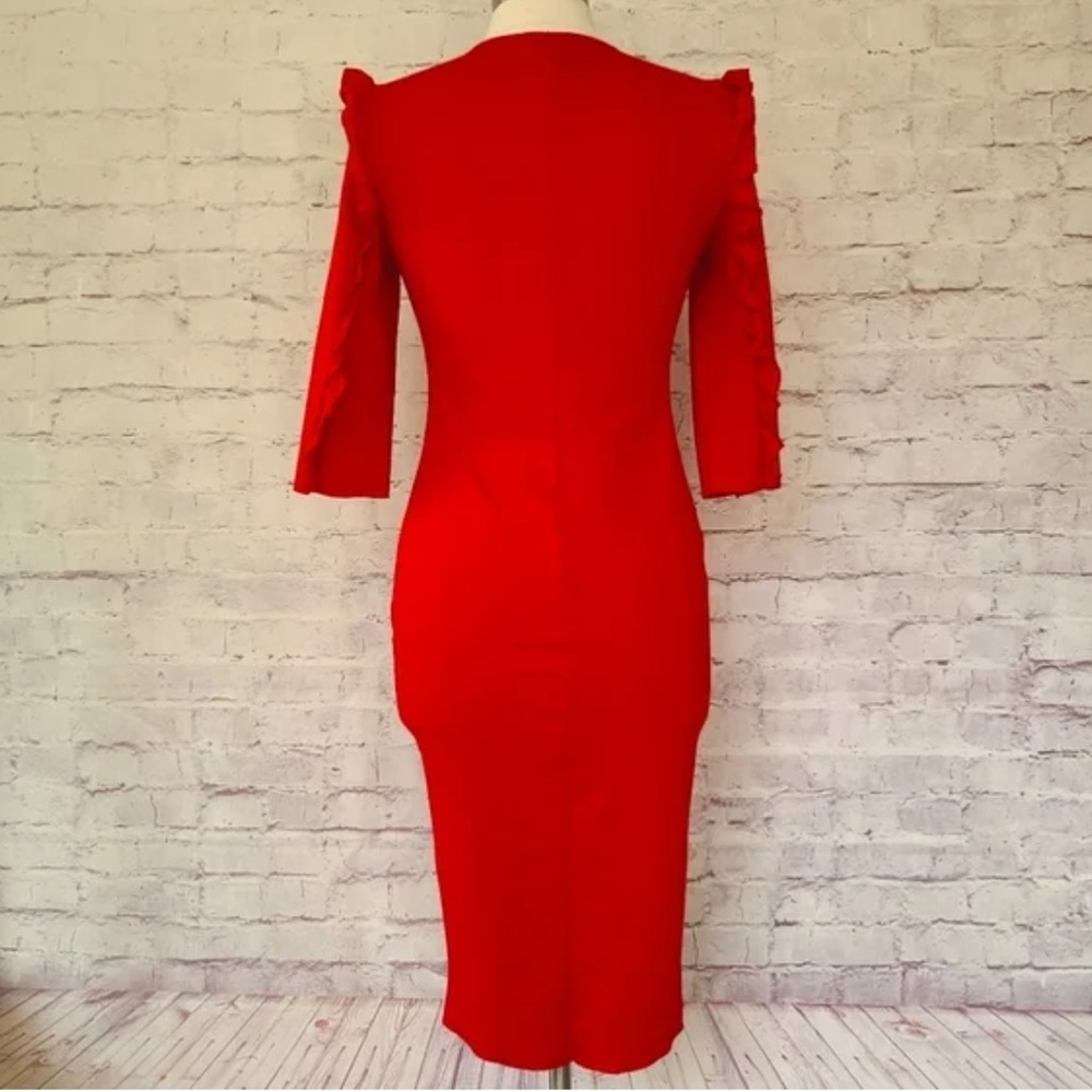 Zara Trafaluc Ponti Di Roma Red Knit Dress Elbow Sleeve Ruffle 3/4 size M - Picture 6 of 14